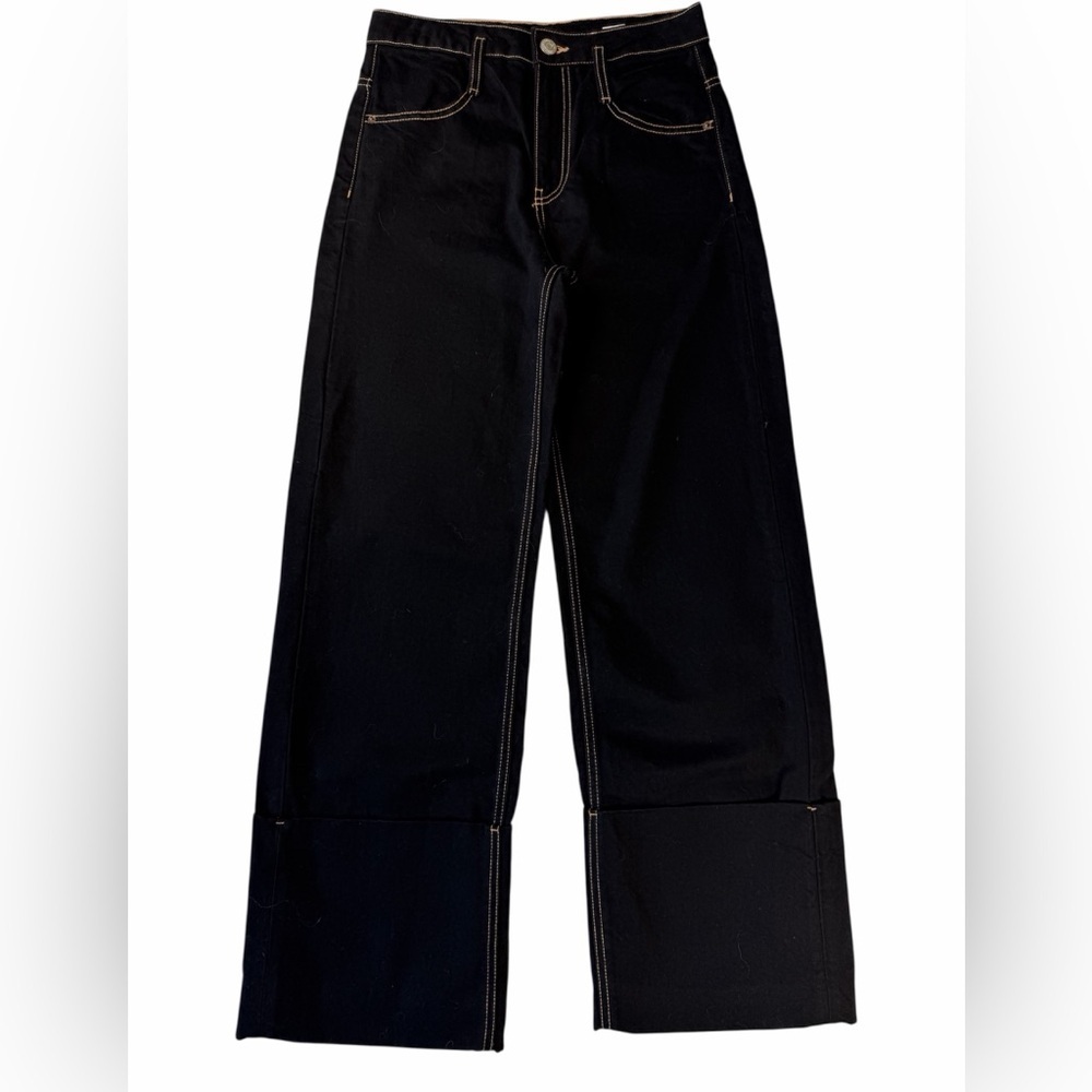 Zara Darkest Blue/Black Wide Leg Thick rolled up hem Jeans Contrast Stitching 2